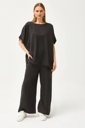 Women's Black Top Loose Blouse Bottom Pocketed Palazzo Linen - 4