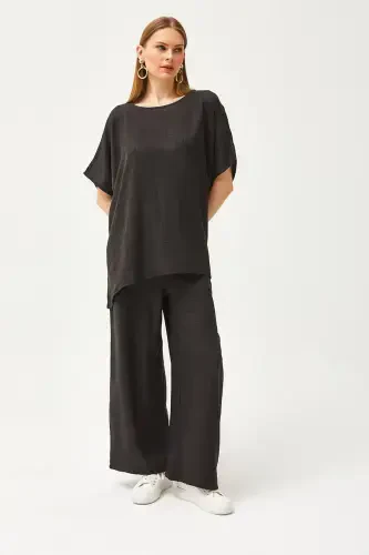 Women's Black Top Loose Blouse Bottom Pocketed Palazzo Linen - 5