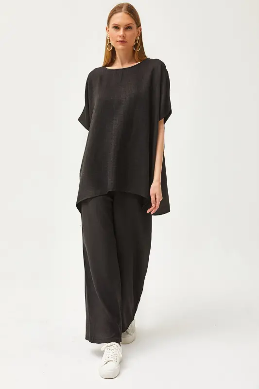 Women's Black Top Loose Blouse Bottom Pocketed Palazzo Linen - 1