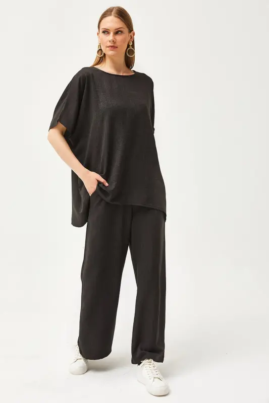 Women's Black Top Loose Blouse Bottom Pocketed Palazzo Linen - 2