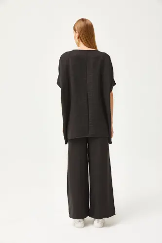 Women's Black Top Loose Blouse Bottom Pocketed Palazzo Linen - 6