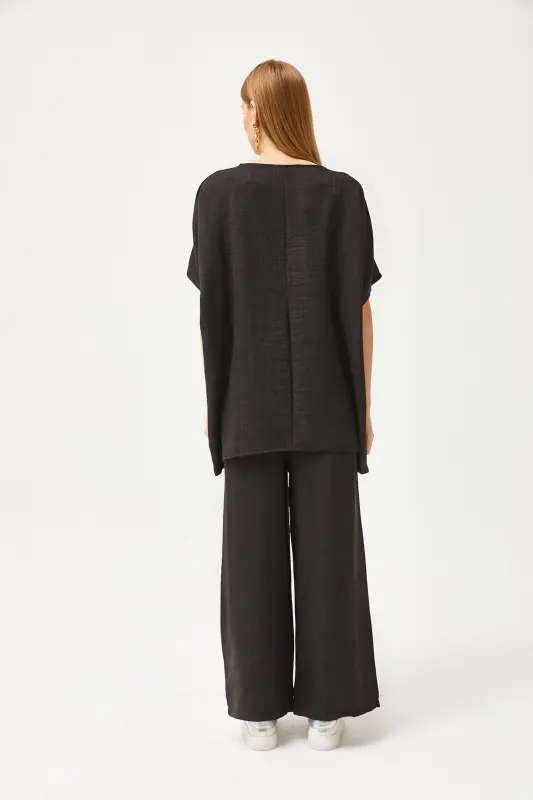 Women's Black Top Loose Blouse Bottom Pocketed Palazzo Linen - 6