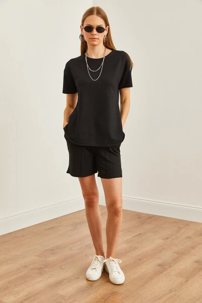 Women's Black Top Oval T-shirt Bottomed Shorts Set TKM-19000303 - OLALOOK (1)