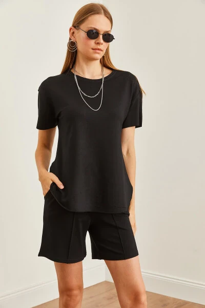 Women's Black Top Oval T-shirt Bottomed Shorts Set TKM-19000303 - 4