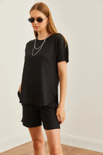 Women's Black Top Oval T-shirt Bottomed Shorts Set TKM-19000303 - 5