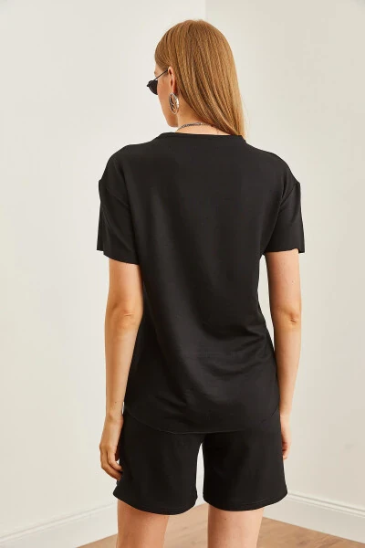 Women's Black Top Oval T-shirt Bottomed Shorts Set TKM-19000303 - 7