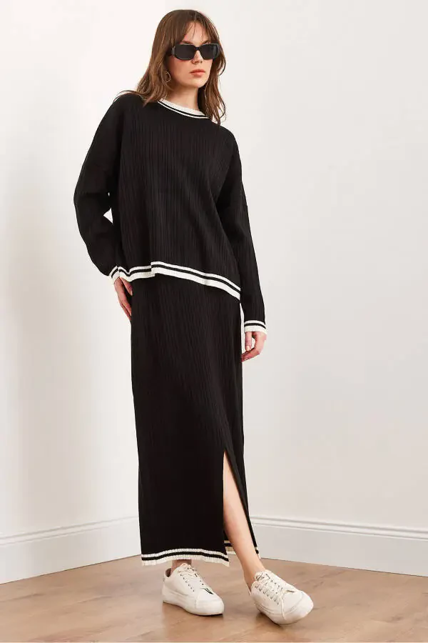 Women's Black Top Sweater Skirt with Thigh-High Slit Knit Set TKM-19000327 - 1