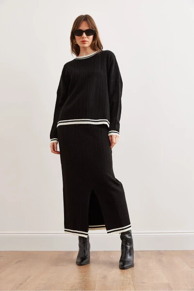 Women's Black Top Sweater Skirt with Thigh-High Slit Knit Set TKM-19000327 - OLALOOK (1)