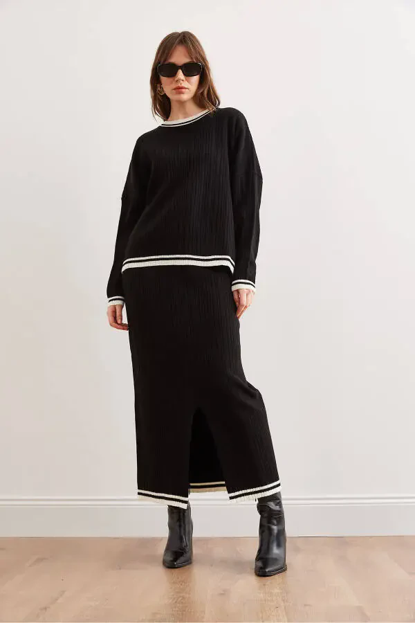 Women's Black Top Sweater Skirt with Thigh-High Slit Knit Set TKM-19000327 - 2