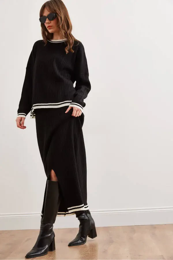 Women's Black Top Sweater Skirt with Thigh-High Slit Knit Set TKM-19000327 - 3