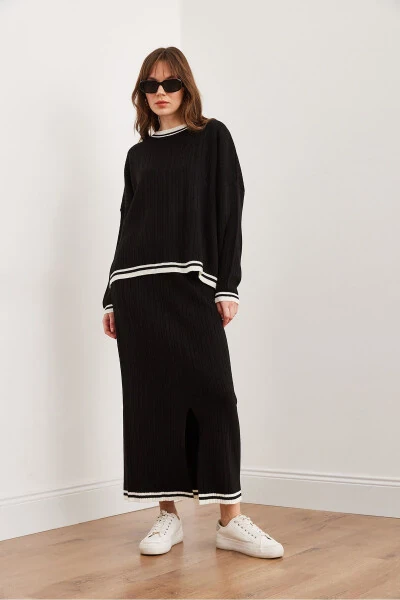 Women's Black Top Sweater Skirt with Thigh-High Slit Knit Set TKM-19000327 - 4