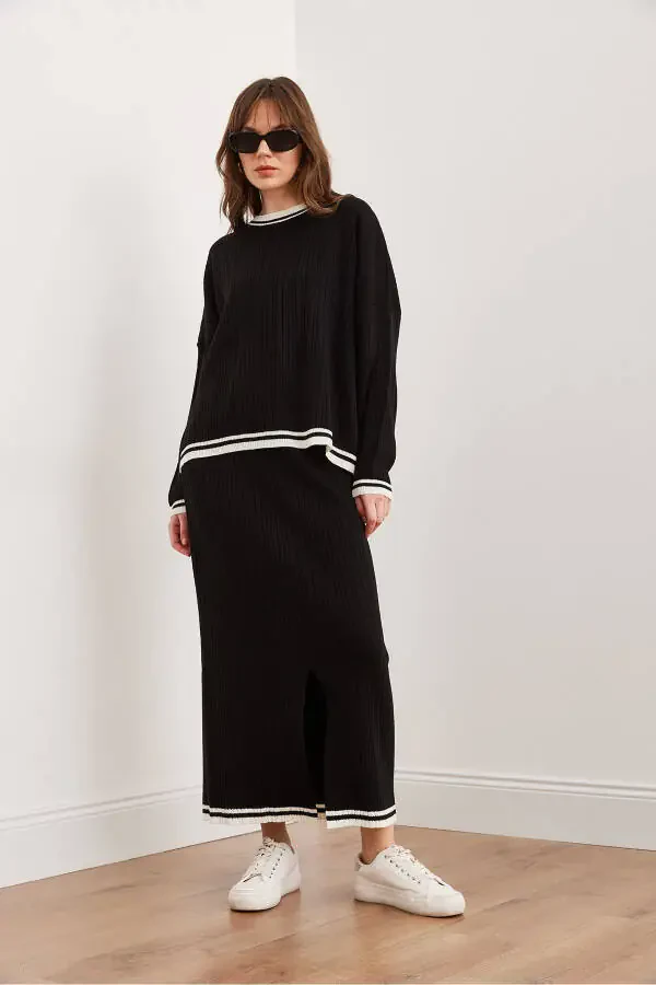 Women's Black Top Sweater Skirt with Thigh-High Slit Knit Set TKM-19000327 - 4