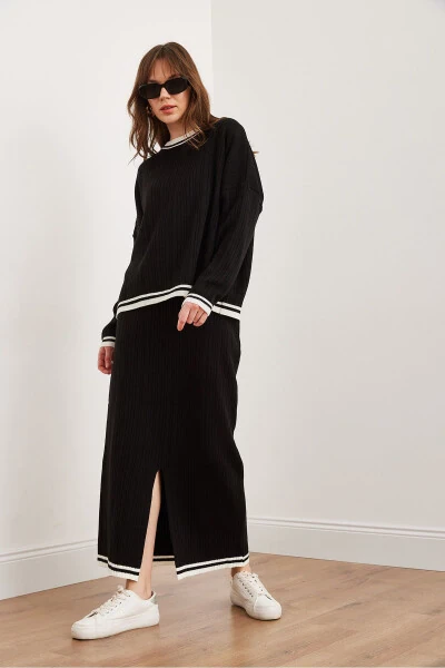 Women's Black Top Sweater Skirt with Thigh-High Slit Knit Set TKM-19000327 - 5