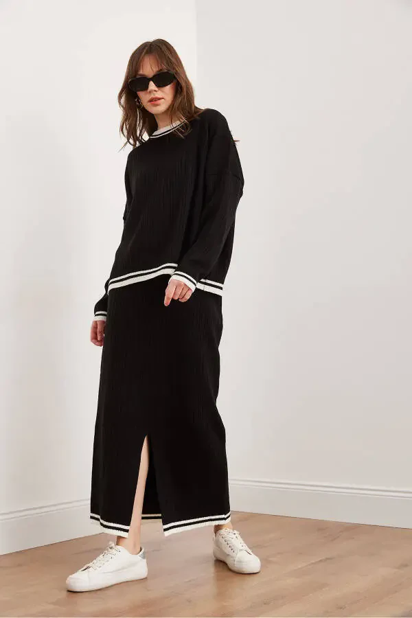 Women's Black Top Sweater Skirt with Thigh-High Slit Knit Set TKM-19000327 - 5