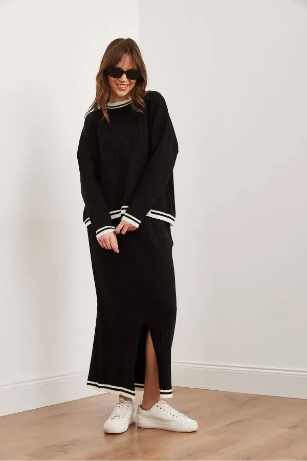 Women's Black Top Sweater Skirt with Thigh-High Slit Knit Set TKM-19000327 - 6