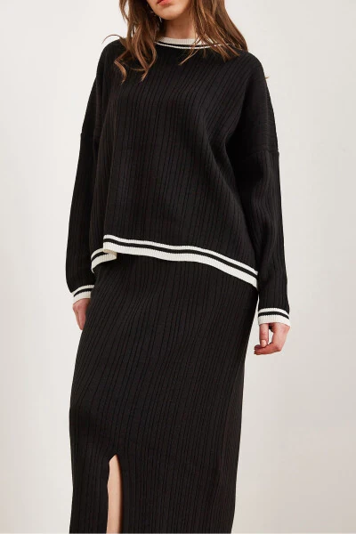 Women's Black Top Sweater Skirt with Thigh-High Slit Knit Set TKM-19000327 - 7