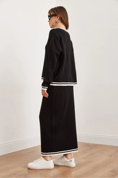 Women's Black Top Sweater Skirt with Thigh-High Slit Knit Set TKM-19000327 - 8