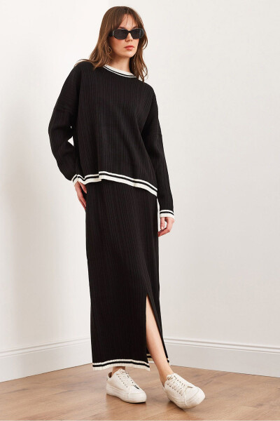 Women's Black Top Sweater Skirt with Thigh-High Slit Knit Set TKM-19000327 - OLALOOK