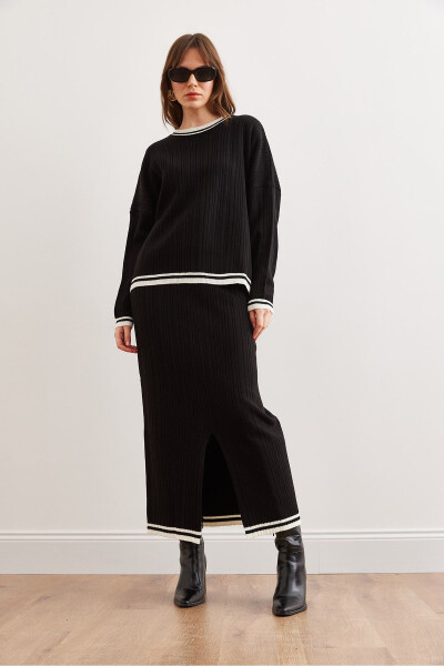 Women's Black Top Sweater Skirt with Thigh-High Slit Knit Set TKM-19000327 - OLALOOK (1)