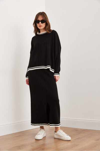 Women's Black Top Sweater Skirt with Thigh-High Slit Knit Set TKM-19000327 - 4