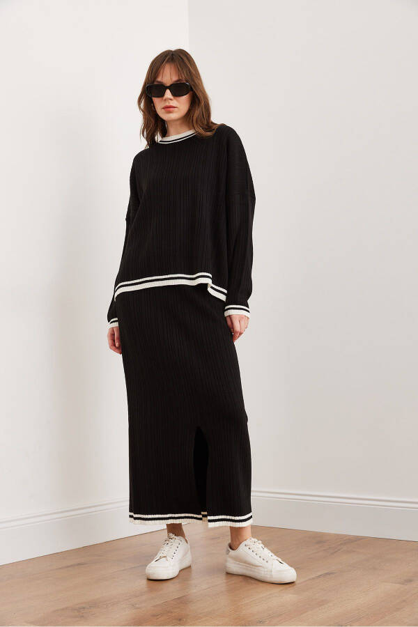 Women's Black Top Sweater Skirt with Thigh-High Slit Knit Set TKM-19000327 - 4