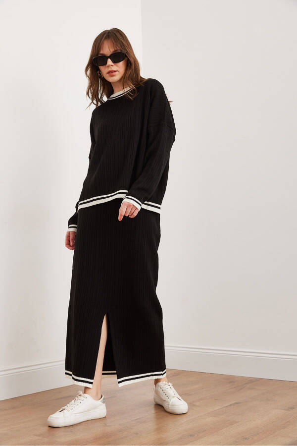 Women's Black Top Sweater Skirt with Thigh-High Slit Knit Set TKM-19000327 - 5
