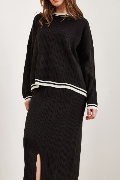 Women's Black Top Sweater Skirt with Thigh-High Slit Knit Set TKM-19000327 - 7