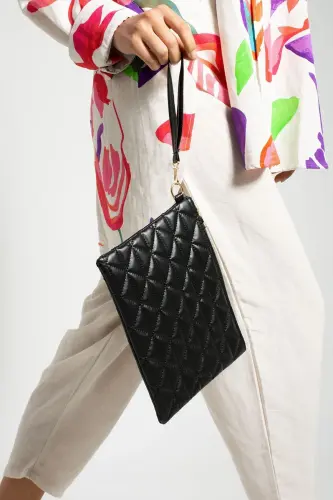 Women's Black Triangle Pattern Portfolio Clutch Handbag - BAGFONI (1)