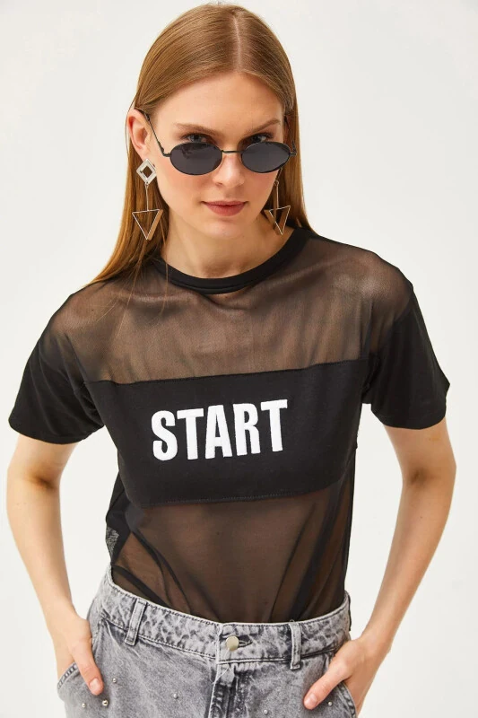 Women's Black Tulle Embroidered T-shirt TSH-1900079 - OLALOOK