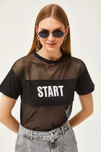 Women's Black Tulle Embroidered T-shirt TSH-1900079 - OLALOOK (1)
