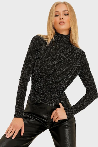 Women's Black Turtleneck Draped Shoulder Silver Glitter Blouse - 2