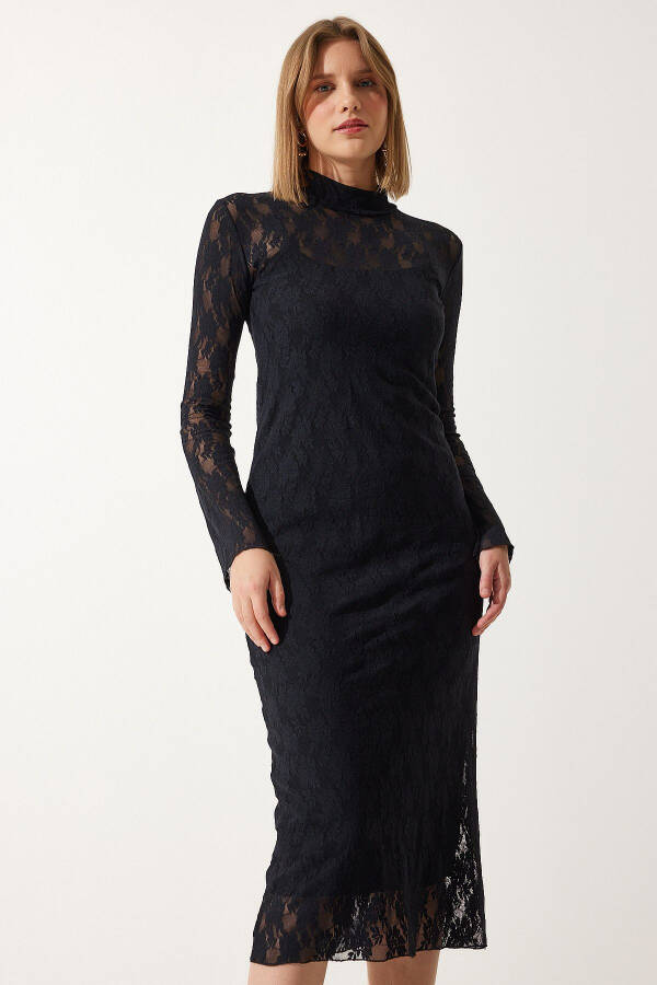 Women's Black Turtleneck Elegant Lace Dress AN00192 - 4