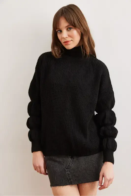 Women's Black Turtleneck Knitwear Sweater with Sleeve Detail KZK-19000927-Black - 2