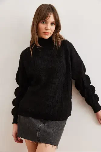 Women's Black Turtleneck Knitwear Sweater with Sleeve Detail KZK-19000927-Black - 3