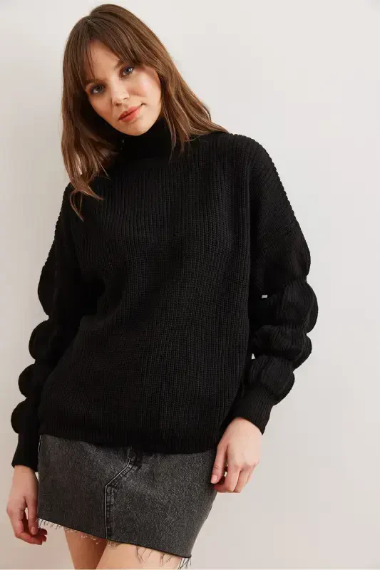 Women's Black Turtleneck Knitwear Sweater with Sleeve Detail KZK-19000927-Black - 4