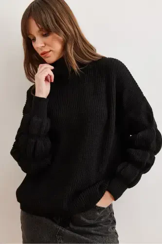 Women's Black Turtleneck Knitwear Sweater with Sleeve Detail KZK-19000927-Black - 5