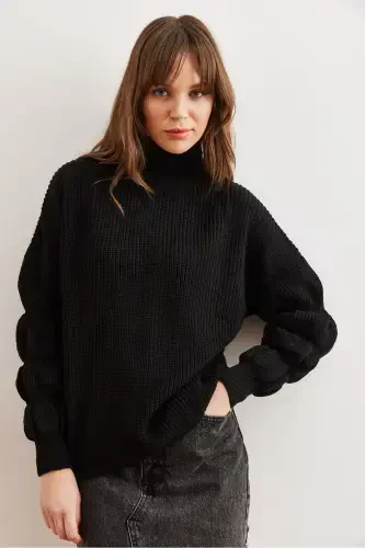 Women's Black Turtleneck Knitwear Sweater with Sleeve Detail KZK-19000927-Black - 6