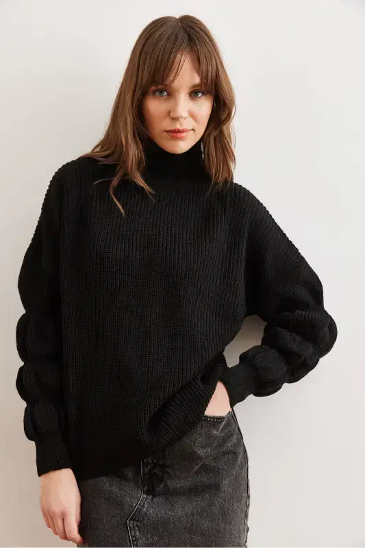 Women's Black Turtleneck Knitwear Sweater with Sleeve Detail KZK-19000927-Black - 6