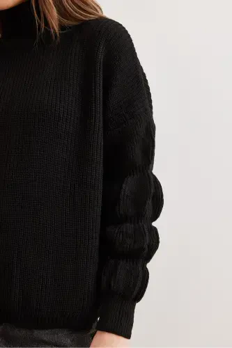 Women's Black Turtleneck Knitwear Sweater with Sleeve Detail KZK-19000927-Black - 7