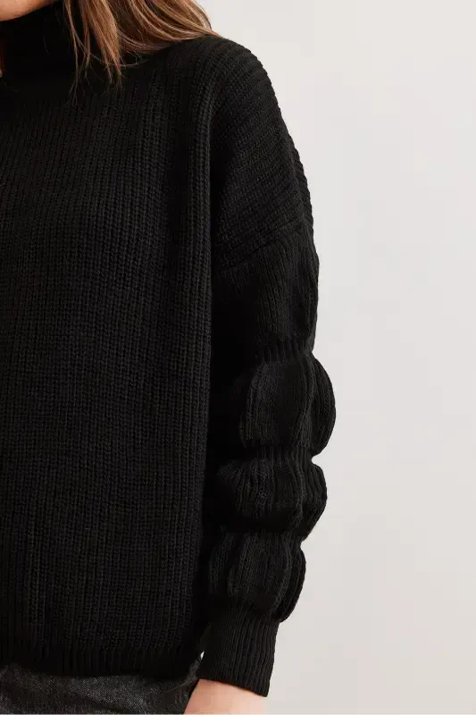 Women's Black Turtleneck Knitwear Sweater with Sleeve Detail KZK-19000927-Black - 7
