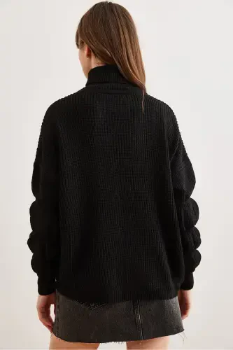 Women's Black Turtleneck Knitwear Sweater with Sleeve Detail KZK-19000927-Black - 8