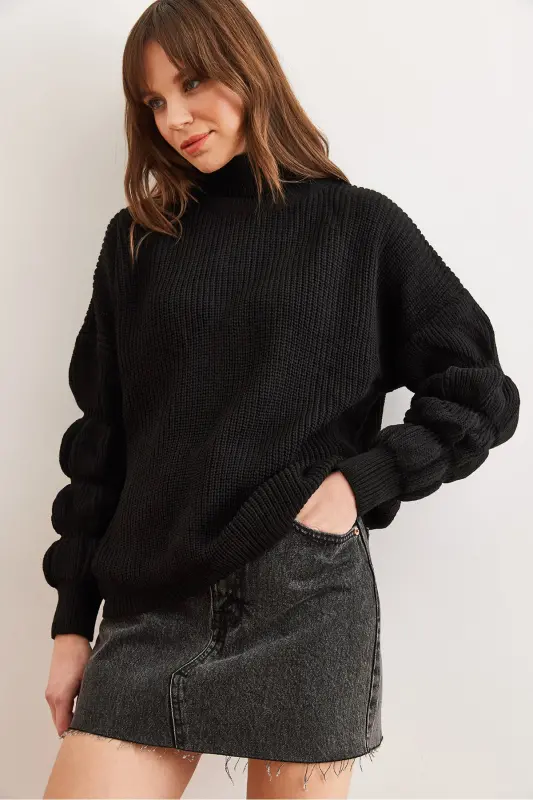 Women's Black Turtleneck Knitwear Sweater with Sleeve Detail KZK-19000927-Black - OLALOOK