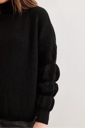 Women's Black Turtleneck Knitwear Sweater with Sleeve Detail KZK-19000927-Black - 7