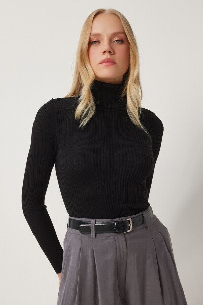 Women's Black Turtleneck Ribbed Lycra Sweater DD01007- - HAPPINESS İSTANBUL