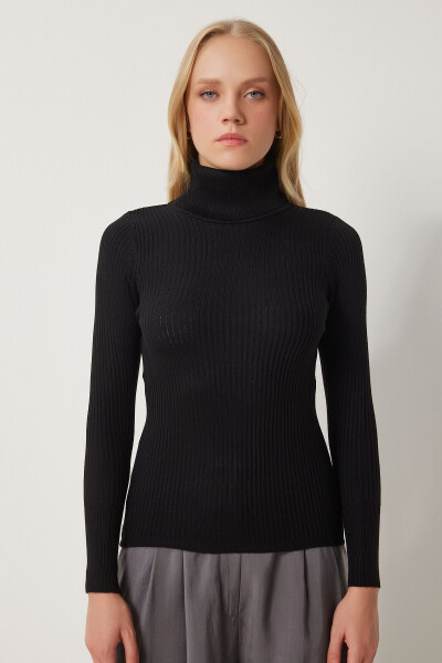 Women's Black Turtleneck Ribbed Lycra Sweater DD01007- - 3