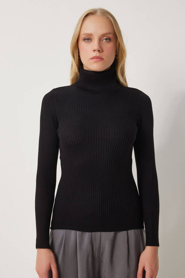 Women's Black Turtleneck Ribbed Lycra Sweater DD01007- - 3