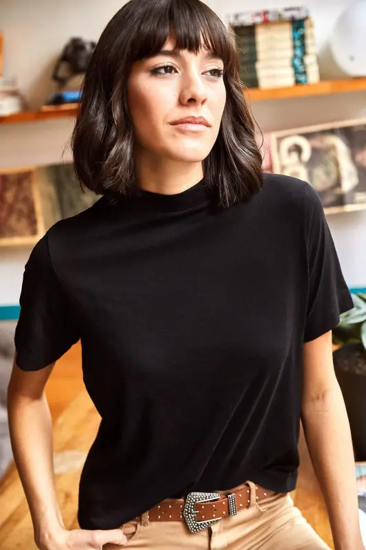 Women's Black Turtleneck Soft Touch Knitted T-Sh - 1