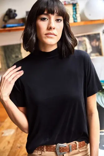 Women's Black Turtleneck Soft Touch Knitted T-Sh - 4