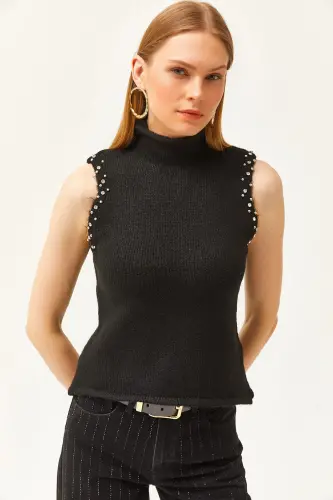 Women's Black Turtleneck Stone Detailed Soft Textured Knitwear Sweater KZK-19000804-Black 