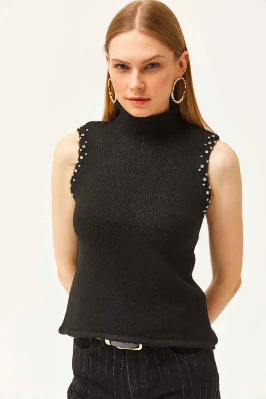Women's Black Turtleneck Stone Detailed Soft Textured Knitwear Sweater KZK-19000804-Black - 2